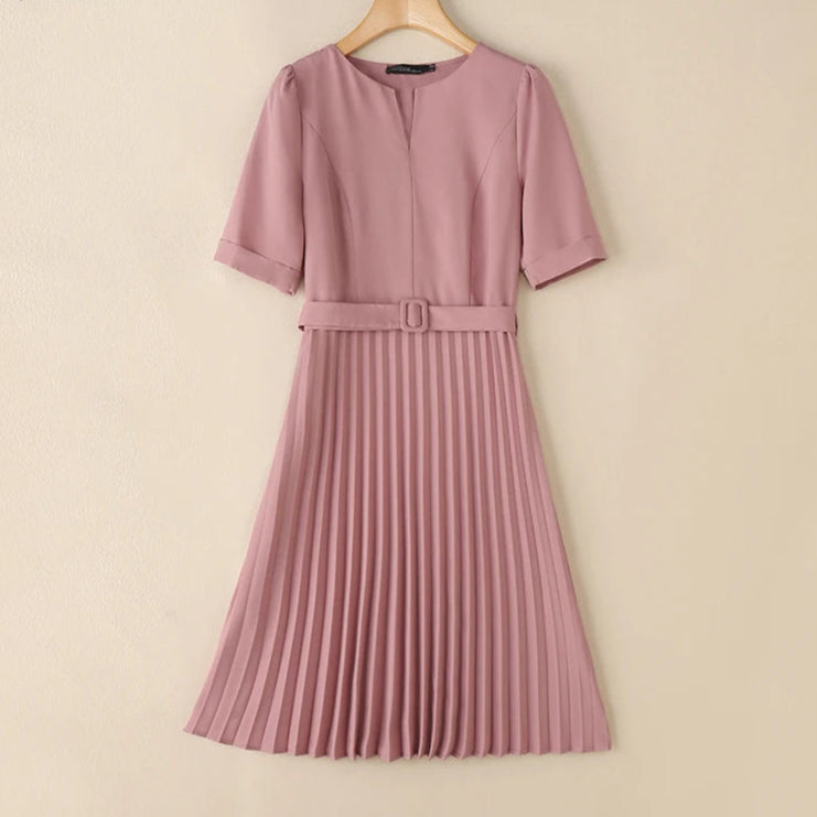 Summer Dress Women V-neck Short Sleeve Solid Pleated
