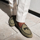 Three Colors Raw Canvas Belgian loafers with Calfskin Bows, Handmade Slip On Classic Mens Smoking Slippers