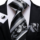 Men's Black Ties Handkerchief Cufflinks Business Formal Floral Striped Solid 8cm Necktie Gift for Husband Wedding Accessories