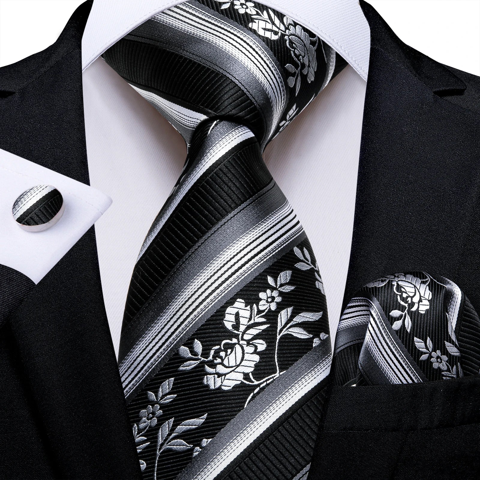 Men's Black Ties Handkerchief Cufflinks Business Formal Floral Striped Solid 8cm Necktie Gift for Husband Wedding Accessories