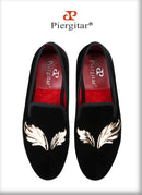 Piergitar Handcraft Black Velvet Slip-On Shoes With Gold Wings Metal Buckles For Wedding And Prom Classic Style Men's Loafers