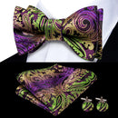 Hi-Tie Red Black Purple Paisley Mens Bow Tie Hanky Cufflinks Set Self-tied Butterfly Knot Bowtie for Male Wedding Business