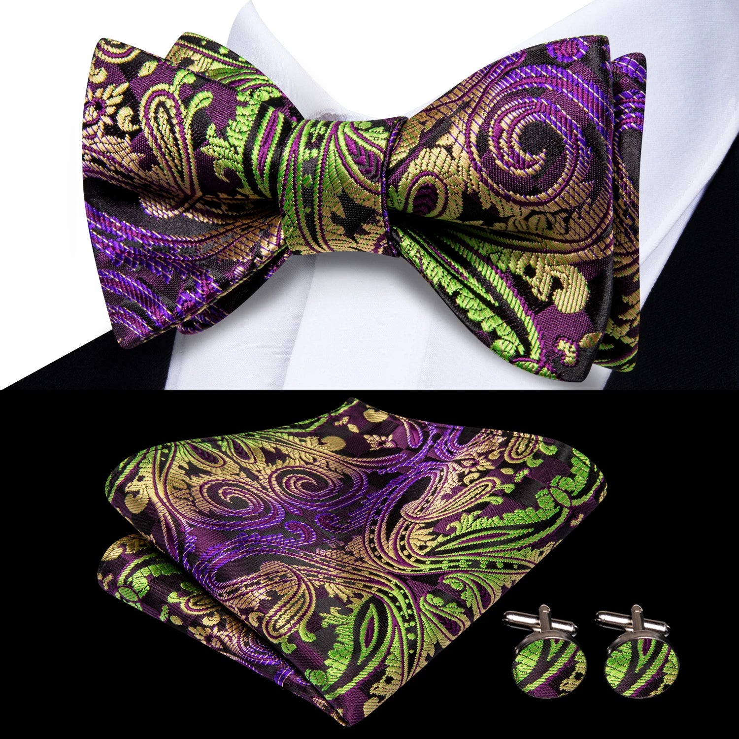 Hi-Tie Red Black Purple Paisley Mens Bow Tie Hanky Cufflinks Set Self-tied Butterfly Knot Bowtie for Male Wedding Business