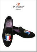 Piergitar Handmade Embroidery Of Four Powerful Football Countries Black Velvet Men Loafers Genuine Leather InSoles And Outsoles