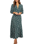 Women's Summer Bohemian Floral Print Long Maxi Dress Retro 3/4 Sleeve V-Neck Button Down High Waist Sundress Streetwear