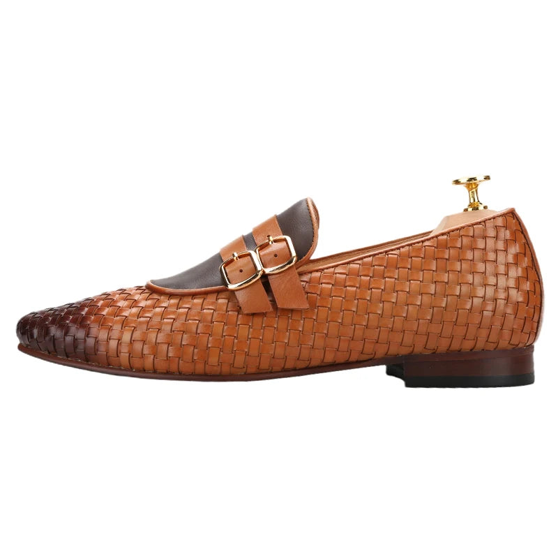 Men's Hand-Rubbed Brown Woven Calfskin Monk Shoes with Cross-Tied Handmade Loafers Genuine Lining