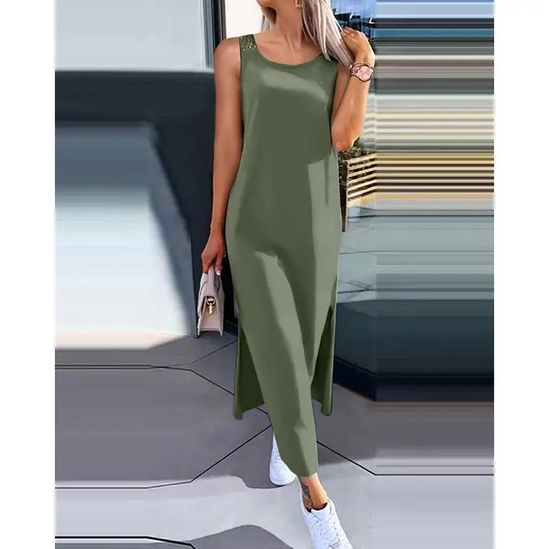 Women's Round Neck Mid-Length Slim Dress with Slits