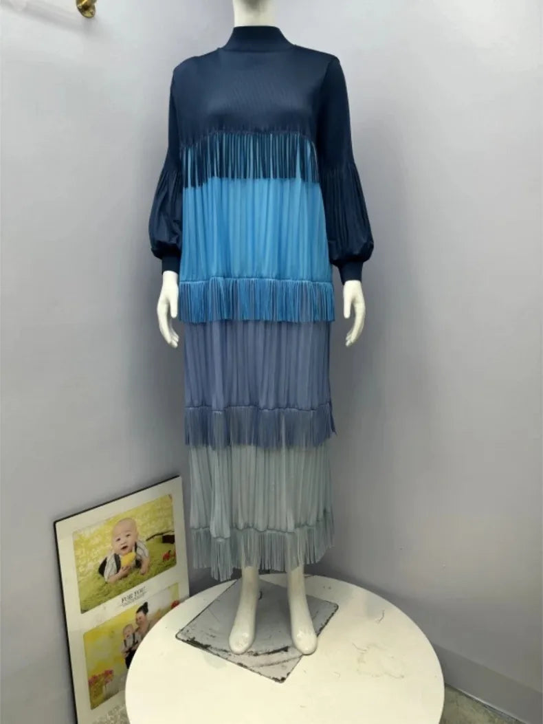 Women's Pleated Puff Sleeve Tassel Dress