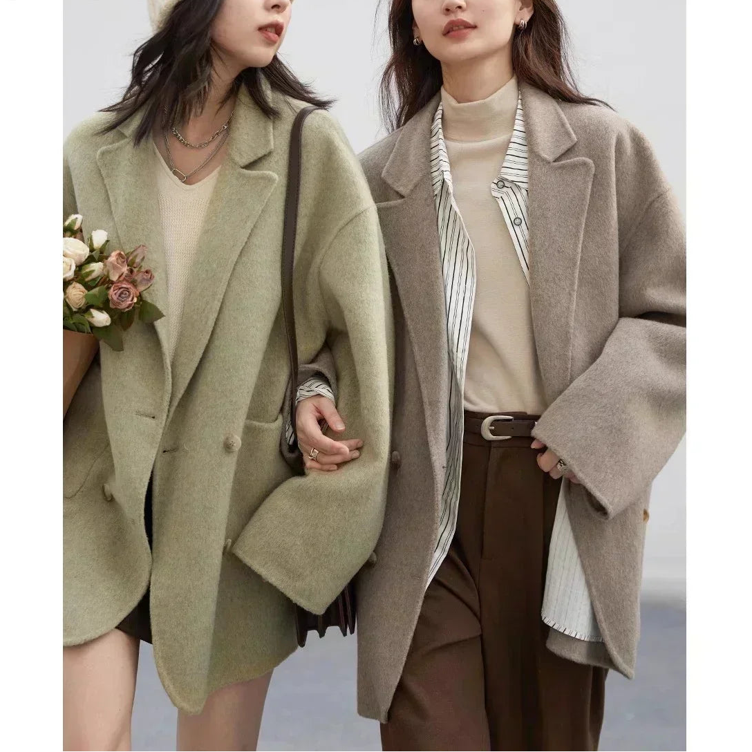CHIC VEN Women's Woolen Coats Loose Casual Double Breasted Retro Double-sided Jacket Office Lady Outerwear Autumn Winter 2023