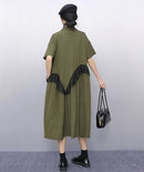 Mesh Ruffles Joined New 2025 Summer Woman Short-Sleeve Green Shirt Dress Loose Fit Tide Big Size Girls Casual Large Robe JKXD026