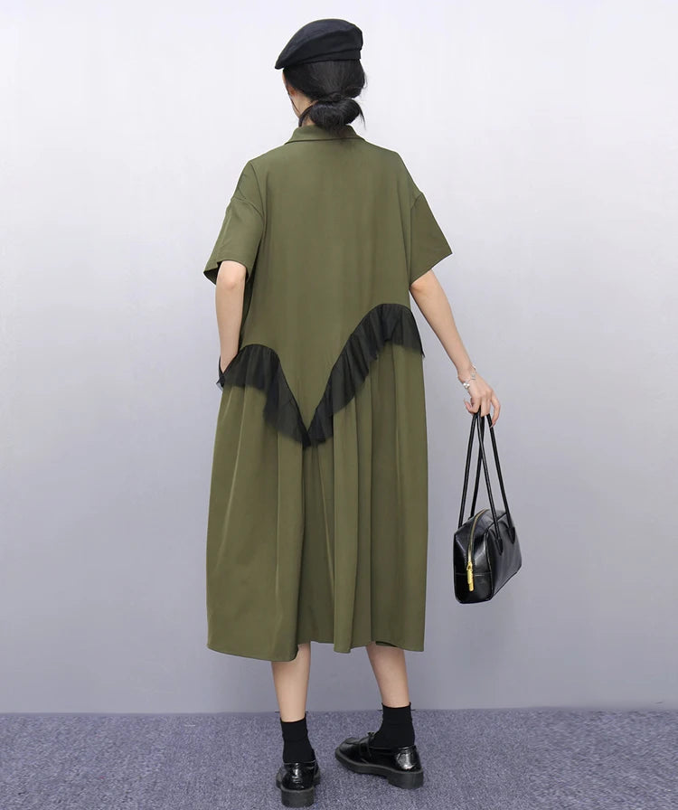 Mesh Ruffles Joined New 2025 Summer Woman Short-Sleeve Green Shirt Dress Loose Fit Tide Big Size Girls Casual Large Robe JKXD026
