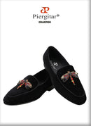 Piergitar 2022 Handmade Rhinestone Sequin Dragonfly Embroidered Patch Men's Loafers British Style Retro Moccasins Slip-On Shoes