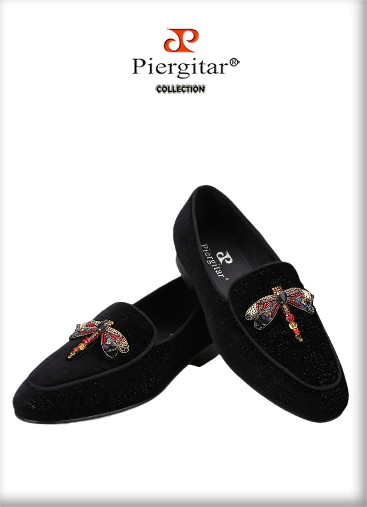 Piergitar 2022 Handmade Rhinestone Sequin Dragonfly Embroidered Patch Men's Loafers British Style Retro Moccasins Slip-On Shoes