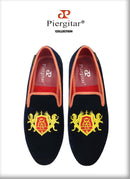 Piergitar British Style Embroidery Navy Velvet Shoes With Gold Outsole Handmade Men Loafers Slip-On Smoking Slippers For Party