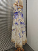 2025 New French High Quality Luxury Chic Dress Appliques Floral Print Spring Summer Strapless Women Holiday Spaghetti Midi Dress