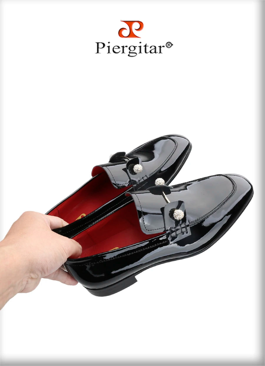 Piergitar Black Patent Calf Leather Men's Loafers With Silver Balls Crystals Buckles Handmade Moccasins For Wedding Or Prom Wear