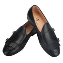 Piergitar 2023 Dark Brown Nappa Calfskin Double-Monk Belgian Loafers With Fringes And Metal Buckles Slip-On Men Smoking Slippers