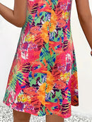Tropical Printed Women's V-Neck Mini Dress For Summer,Sexy Vacation Beach Dress, Flowy Summer Party Dress for Women