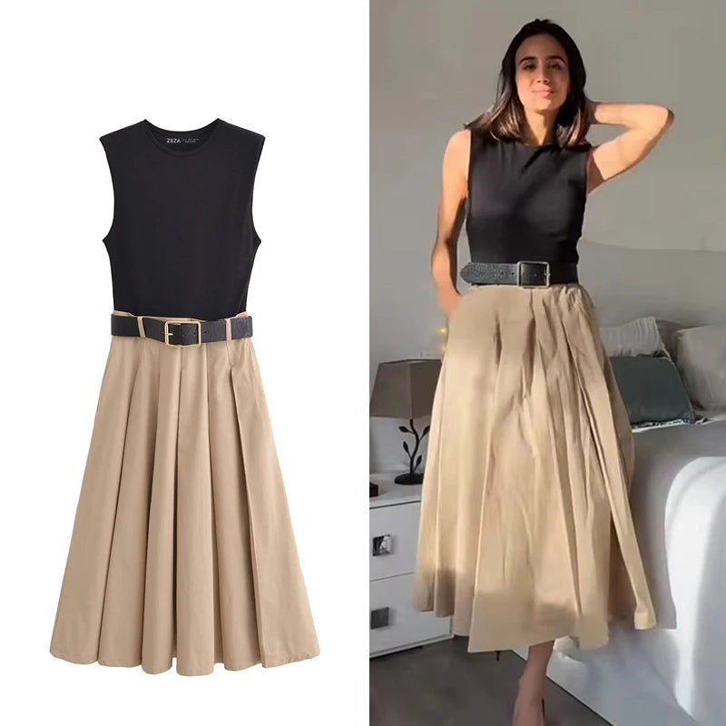 2025 Woman Dresses Belt pleated Midi Dress Sleeveless