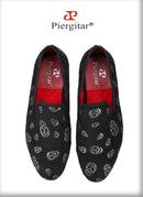 Piergitar New Style Black Horsehair Sliver Skull Embossed Men Shoes For Party Slip-On Loafers Smoking Slipper Men Flat Plus Size