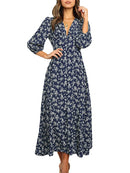Women's Summer Bohemian Floral Print Long Maxi Dress Retro 3/4 Sleeve V-Neck Button Down High Waist Sundress Streetwear